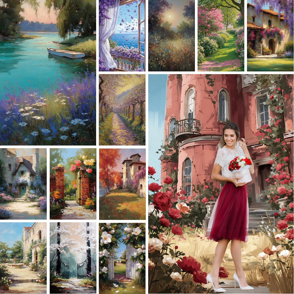 

MOON.QG Impressionist Pastoral Backdrop Forests Ancient Castle Blossom Paths Backgrounds Photozone Birthday Decoration Portrait