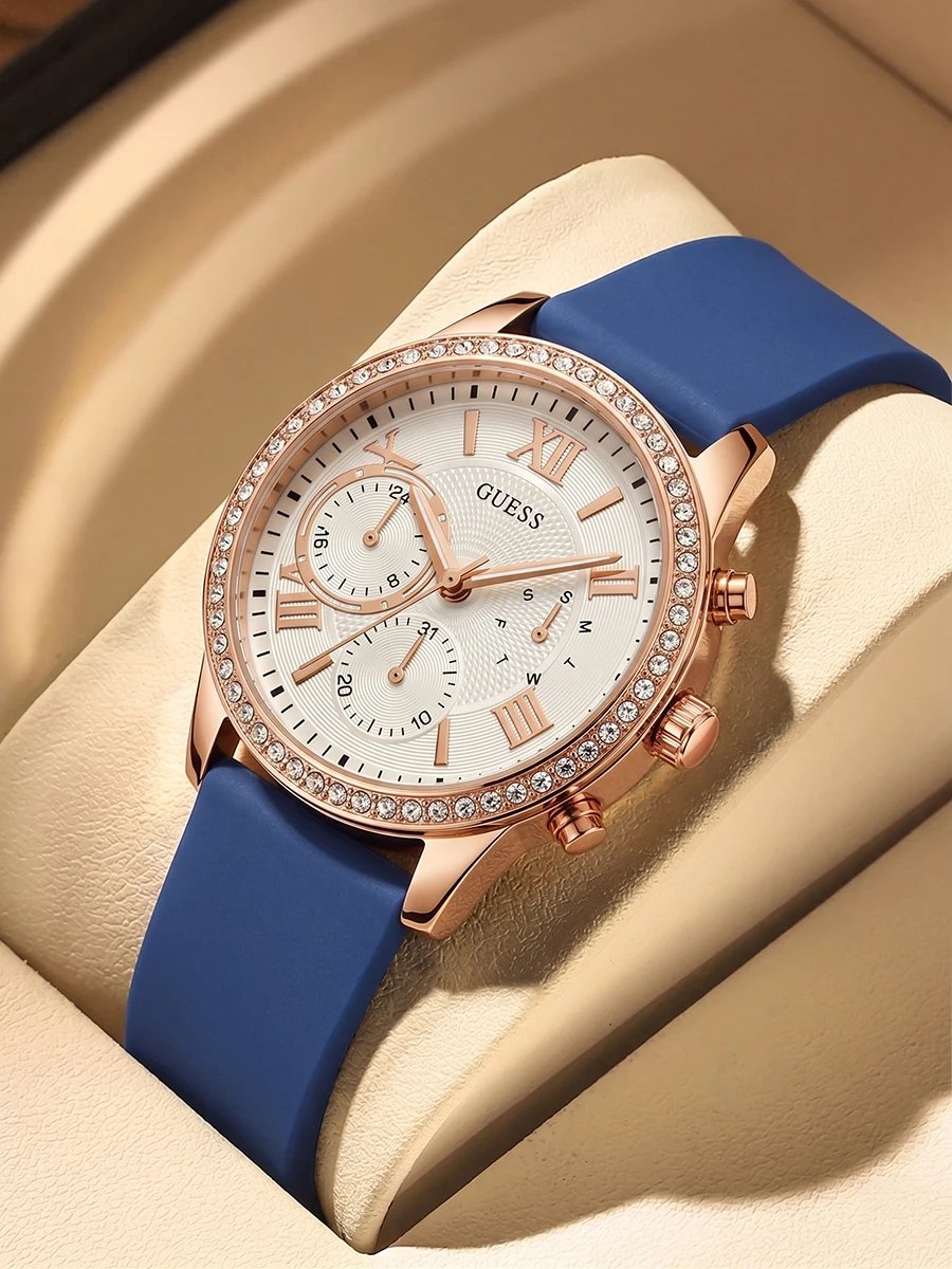 Reloj GUESS para Mujer, Cronógrafo en Oro Rosa con Bisel de Cristal, Correa de Silicona Azul Marino, Esfera Blanca, Cuarzo, Elegante, para Viajes, Regalo de Lujo