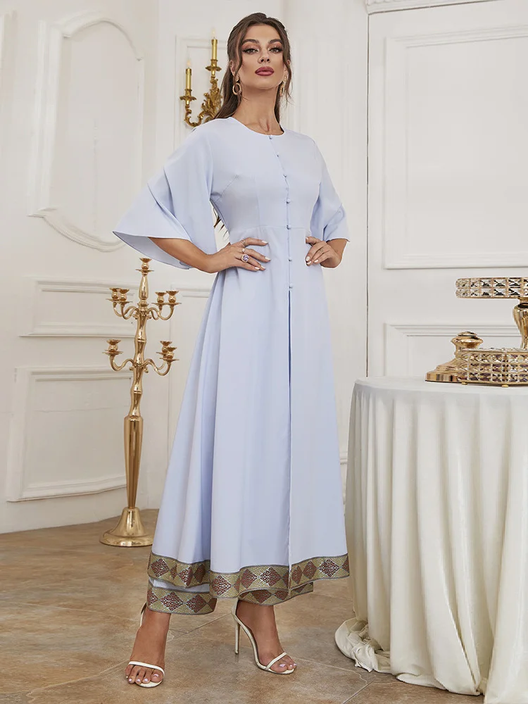 

Women Casual Elegant Maxi Long Dresses 2023 New Spring Summer Crew Neck Flare Sleeve Solid Turkish Evening Party Robe Vestidos