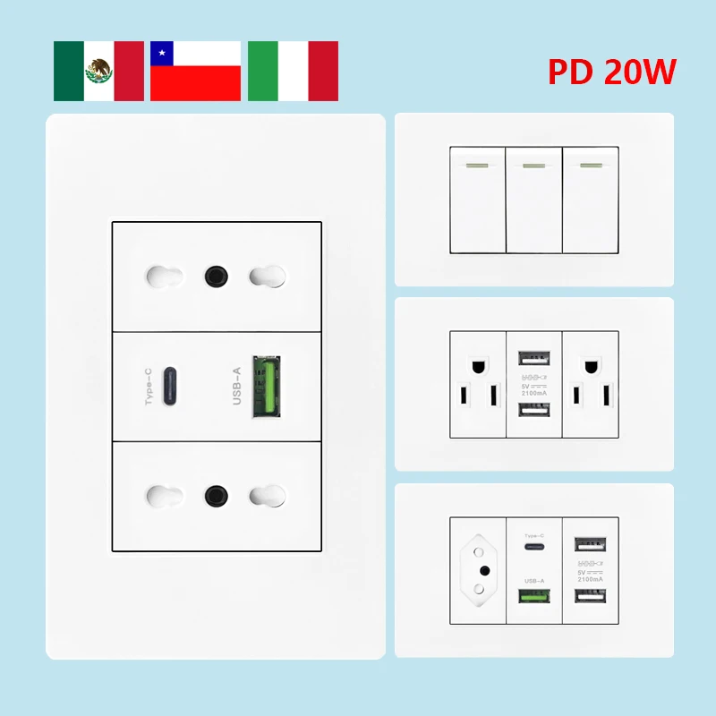 Italy Chile Mexico USB Smart Type-c 20W Fast Charging Wall Outlet plug,Brazil Electric Light Switch Panel Universal usb c Socket