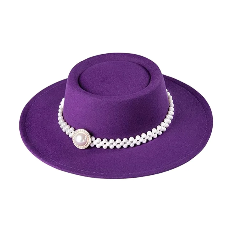 Women White Fedora Pork Pie Hat Felt Wide Brim Vintage Top Hat with Pearl Belt Wide Brim Panama Trilby Cap Autumn winter