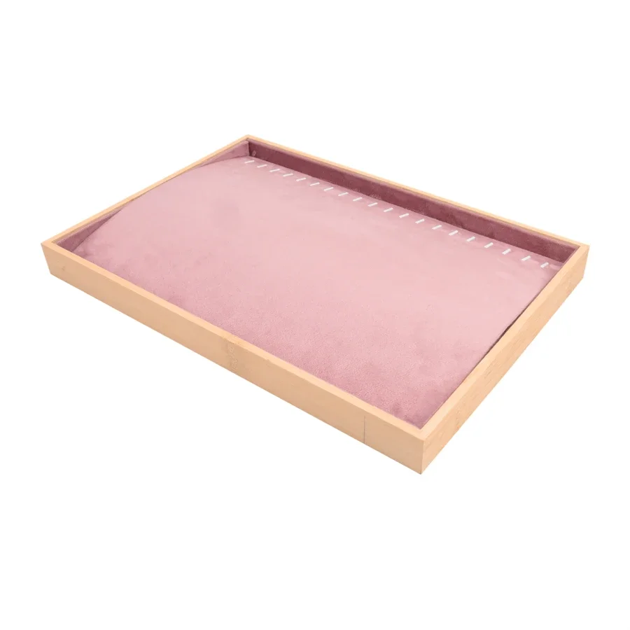 Bamboo and Wood Frame High Quality Pink Velvet Lined Grid Tray Pendant Tray Ring Tray Necklace Tray Empty Jewelry Storage Tray