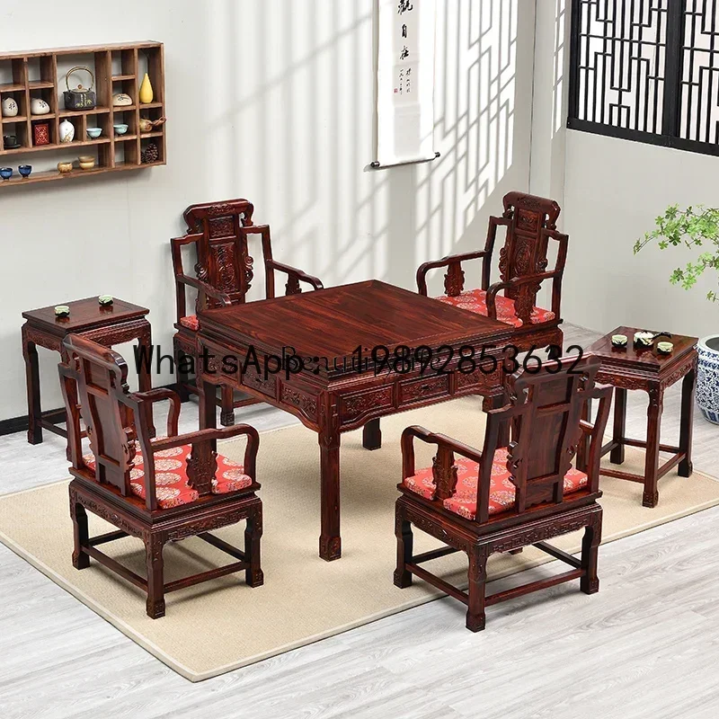 QQ 02National standard mahogany Indonesian black rosewood automatic mahjong table antique chess and card table