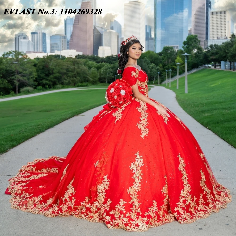 EVLAST ที่กําหนดเองเม็กซิกันสีแดง Quinceanera Ball Gown ทอง Applique ประดับด้วยลูกปัดโบว์รัดตัวหวาน 16 Vestido De 15 Anos E3Q401