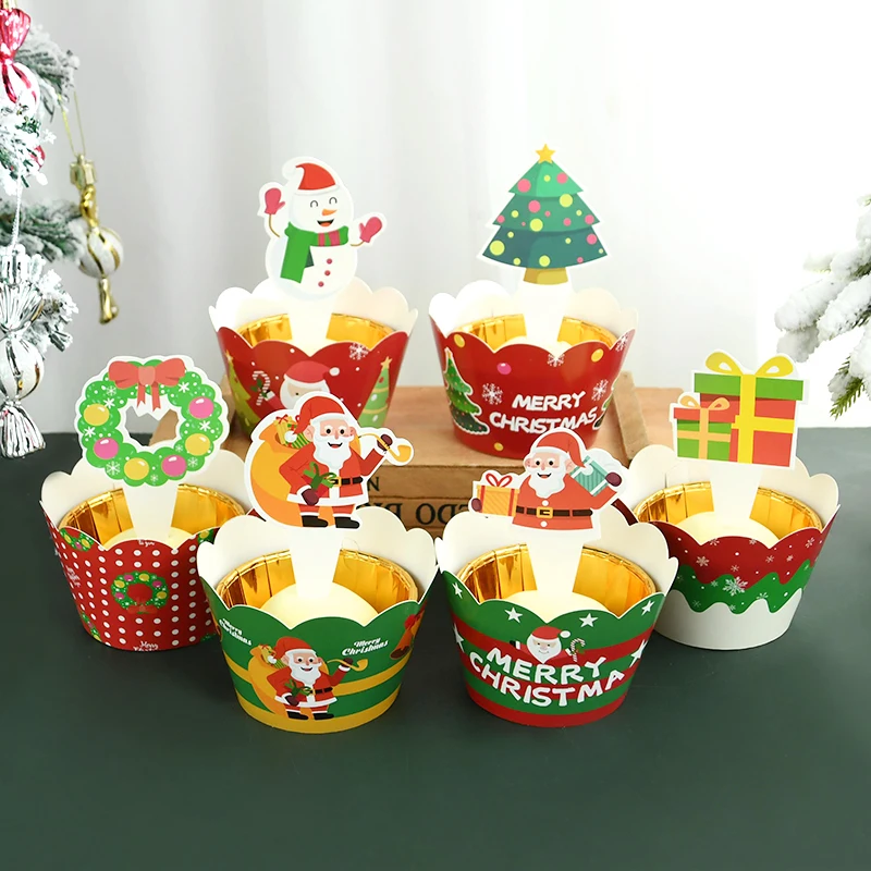 

6pcs Cartoon Santa Claus Xmas Tree Cake Topper Merry Christmas Cupcake Wrapper For New Year Cake DIY Baking Decor Accessories