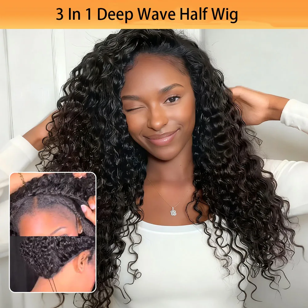 

Curly Half Wig Human Hair Seamless Water Wave 3 In 1 Glueless Headband Wig Clip In No Sew In Natural Black Pre Plucked For Women