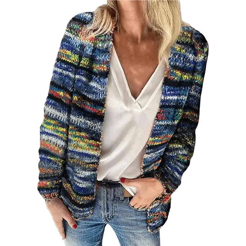 

【RABATT】Women's Rainbow Striped Cardigan Sweater Chunky Long Sleeve Multicolor Open Front Sweater Soft Outerwear Coats