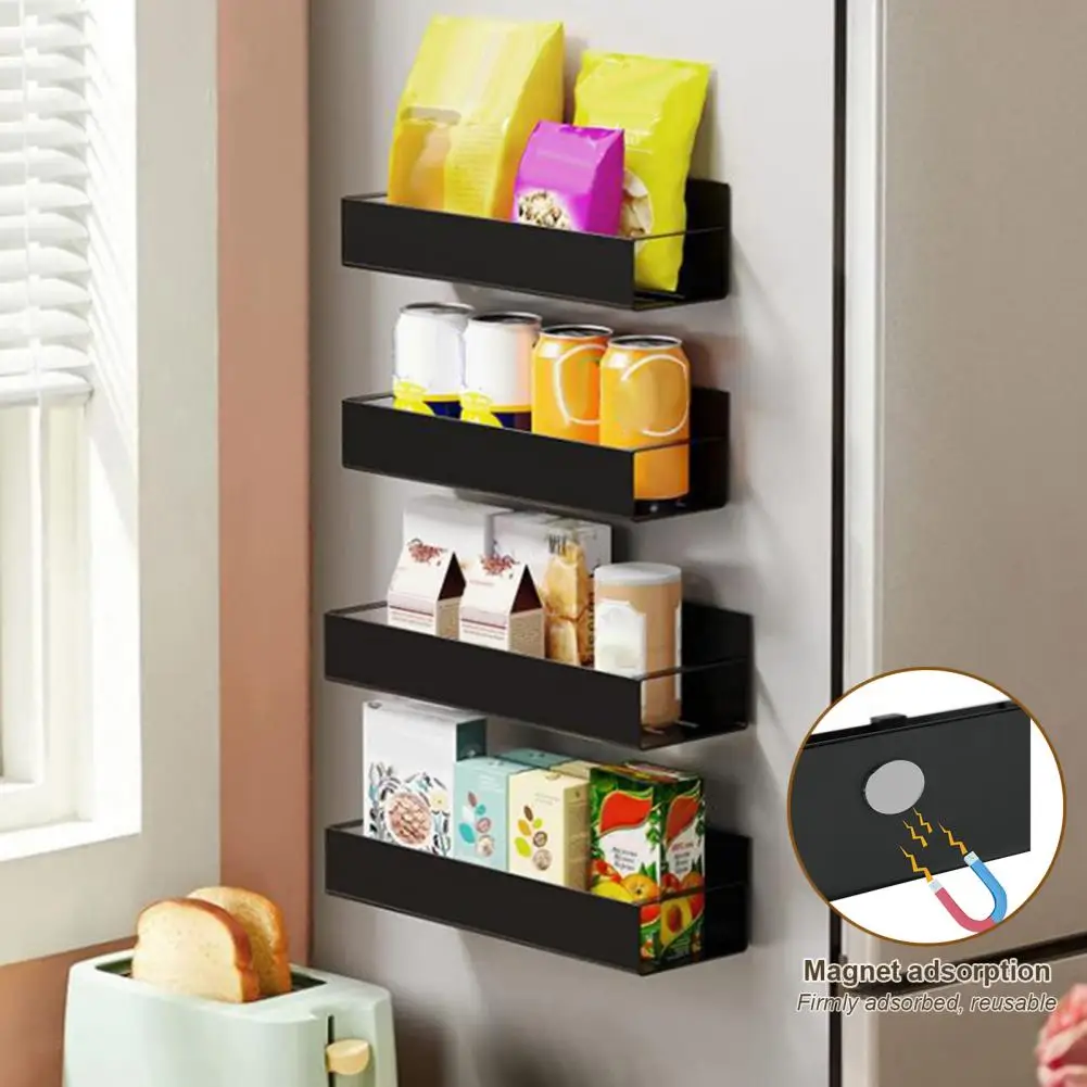 Refrigerator Magnetic Shelf  Sturdy Punch-free Hollow Out  Stainless Magnetic Spice Rack Household Stuff