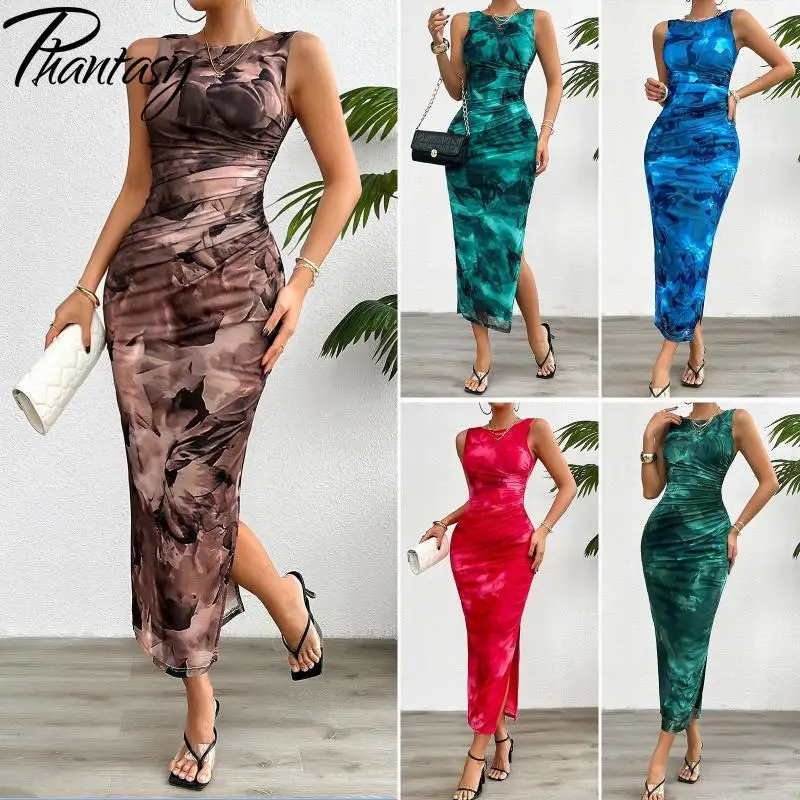 

Phantasy Bohemia Vacation Long Dress Women Side Slit Tight Fitting Dresses Female Sleeveless O Neck Beach Style Sundress