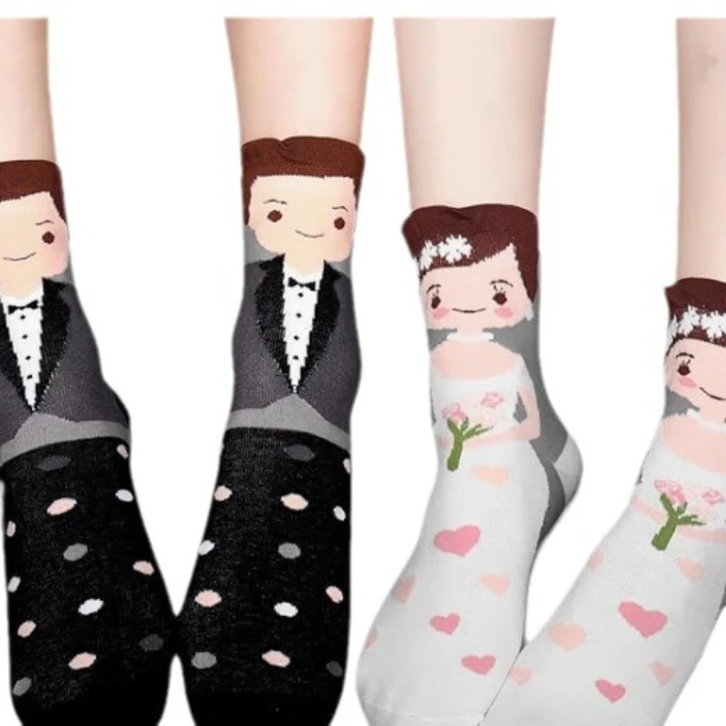

2 PAIRS Man Woman Wedding Socks Set Bride Groom Cartoon Funny Wedding Gift Accessories Valentine's Day Mid-Calf Cotton Sock