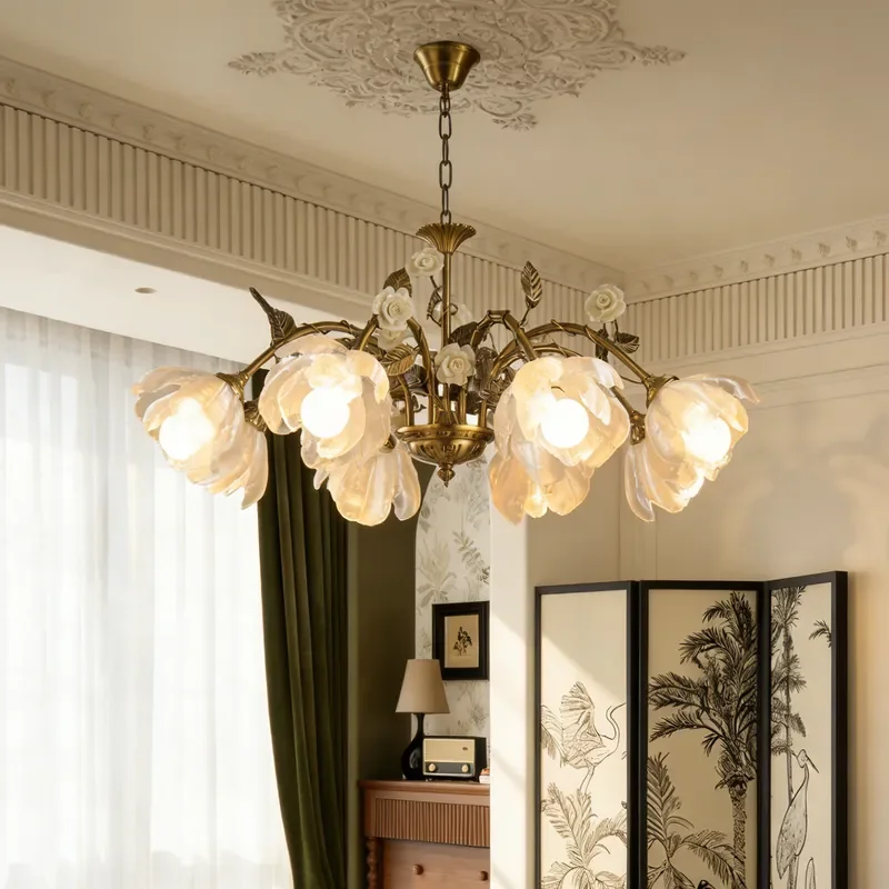 Vintage French Chandelier Romantic Pastoral Rose Flower Design Medium Size Antique Light Luxury Pendant Lamp for Living Room
