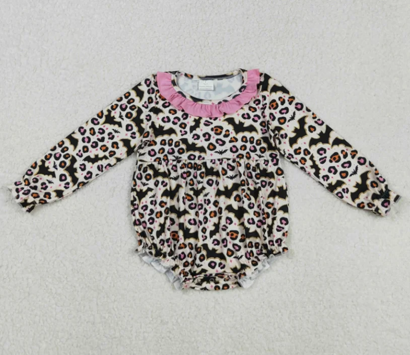 

LR2473 Children Kids Long Sleeve Fall Winter Rompers Bat Leopard Print Baby Girls Halloween Romper Clothes