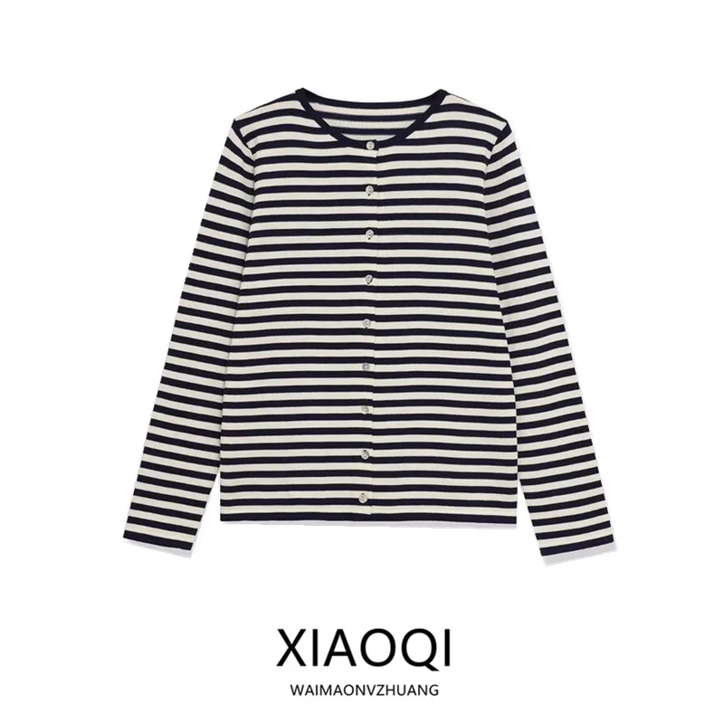 

Новинка 2025, осенняя женская вязаная длинная верхняя одежда в полоску Sve, универсальное повседневное пальто на пуговицах с круглым вырезом