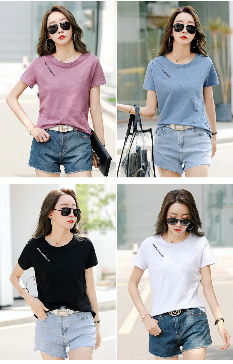 2026 Sommer T-Shirt Damen 100% Baumwolle Kurzarm-Shirts Tops O-Ausschnitt Shirt Tees Locker Sitzende Patchwork-Tops Lässig Hochwertig – Detail 1