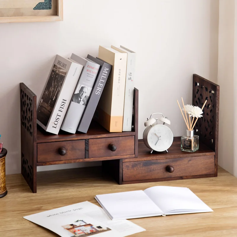 

Vintage Desktop Bookshelf with Drawer, Storage Rack, Century Old Teak Pure Handmade Hollow Carving, Stable Load Bearing