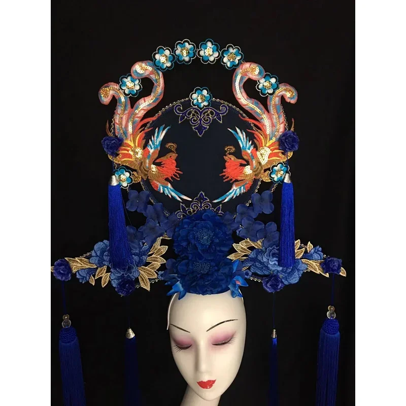 New blue embroidery flower model catwalk stage performance creative makeup styling headdress one piece