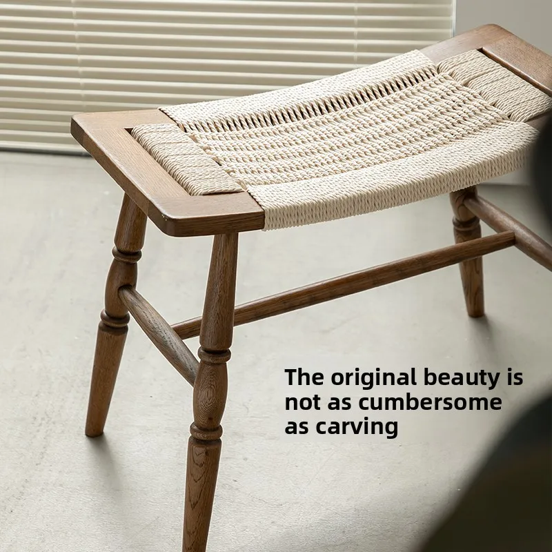 Vintage Solid Wood Bedroom Stool Braided Rope Ottoman Bench for Entryway Designer Makeup Stool Creative Minimalist Footstool