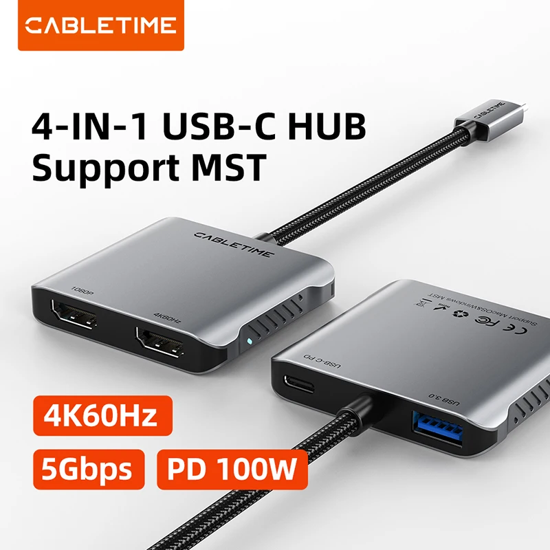 

CABLETIME USB C Hub 4 в 1 MST с 4K60 Гц 5 Гбит/с PD100W Поддержка MacOS Дисплей с двумя экранами для Mac Компьютерный дисплей Экранная док-станция