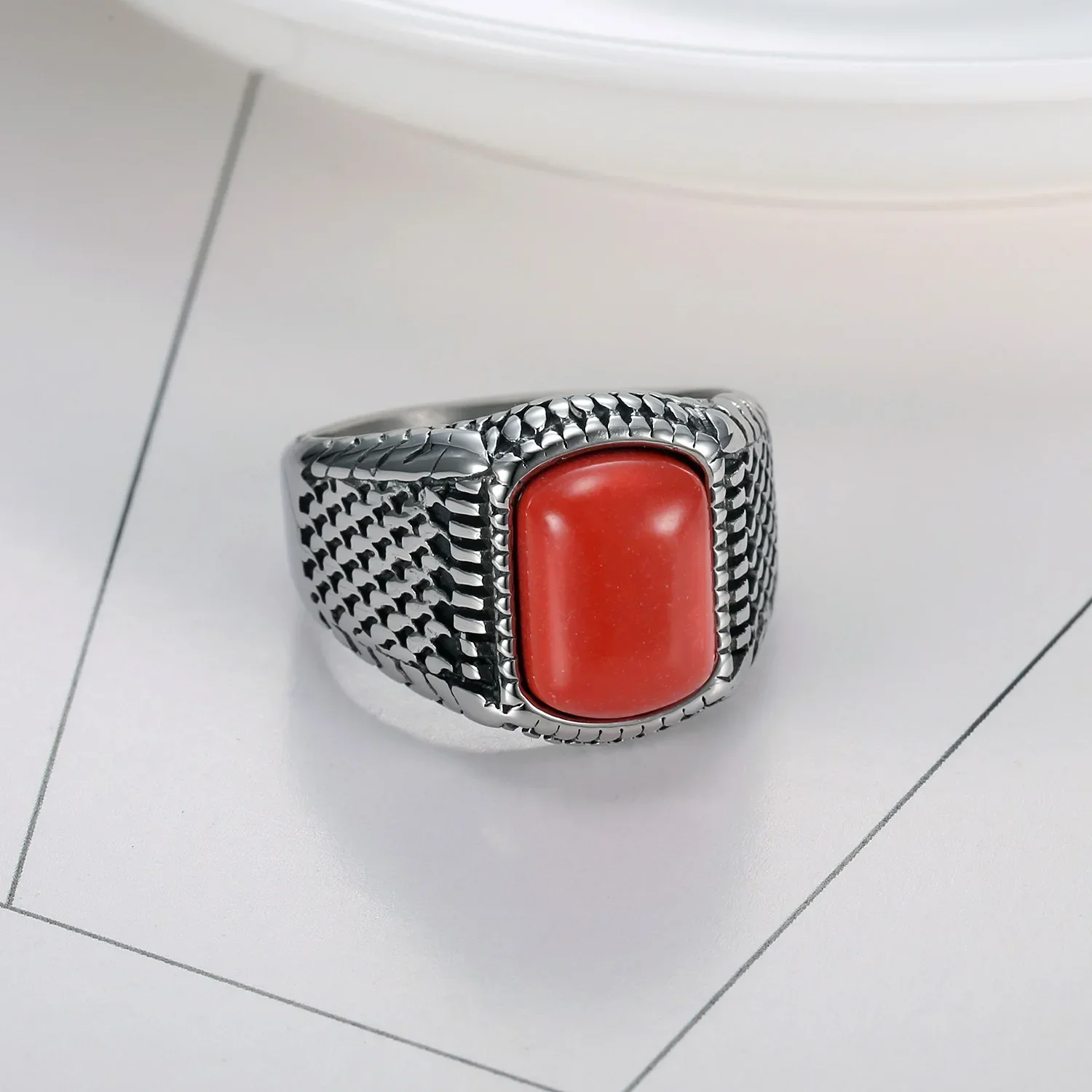 

Vintage Polished INS Wind Red Coral Gem Business Men's for Rings Titanium Steel Jewelry Size 7-15