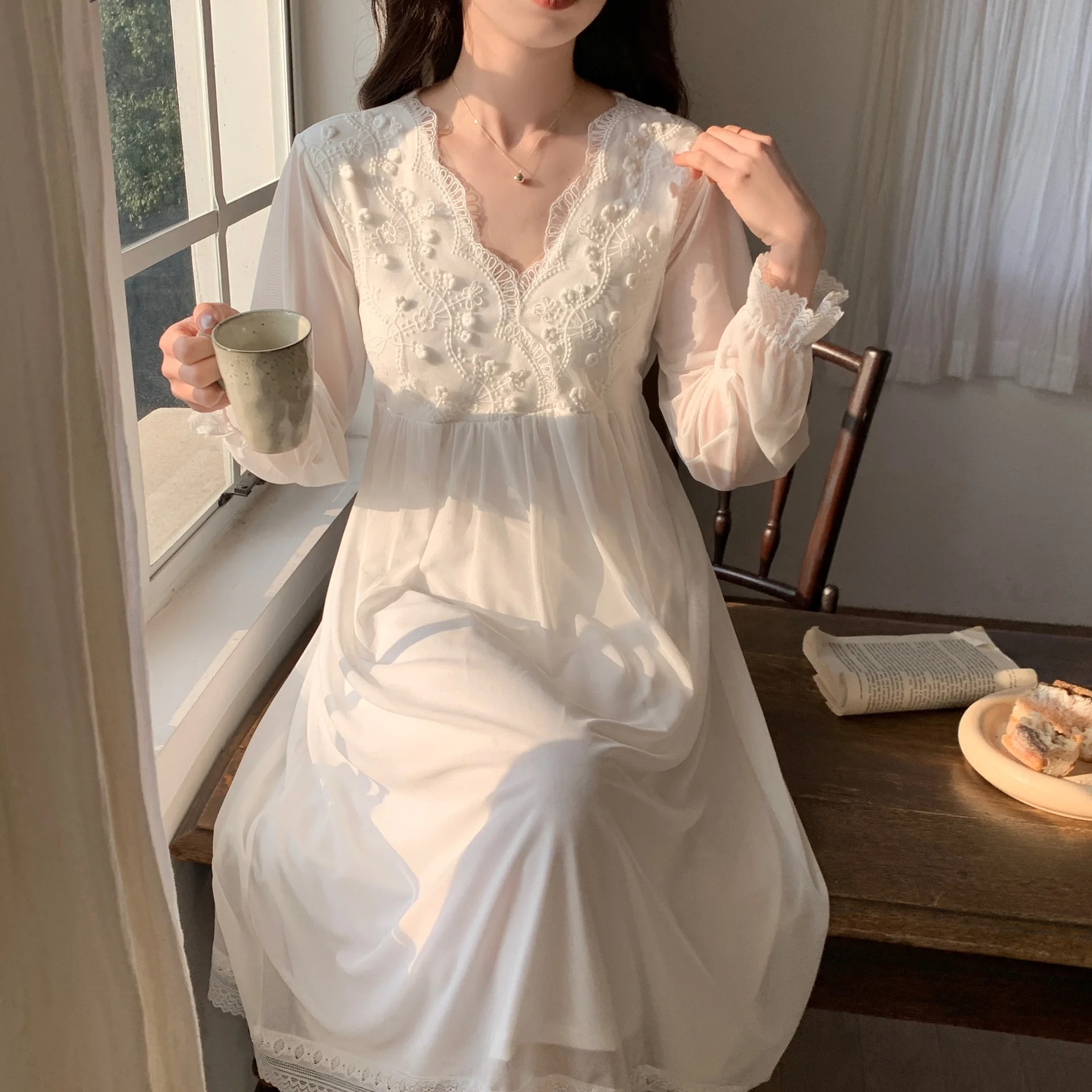 Sexy Gauze Embroider Nightgown Women Modal Nightdress French Court Style Nightgowns Sweet Casual Sleepwear Pijamas Sleepdress