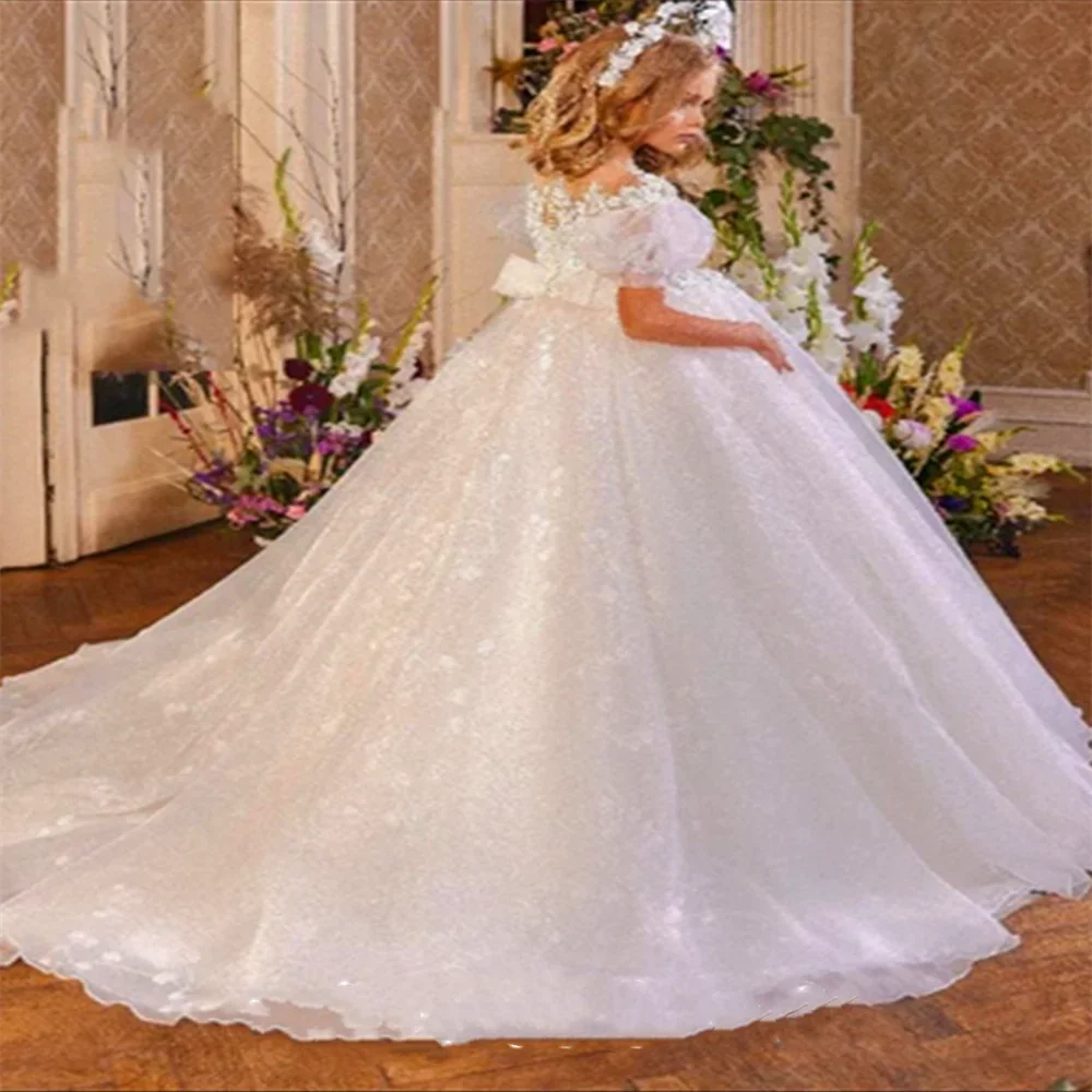 

A+Pure White Tulle Lace Printing Flower Girl Dress Princess Ball Beauty Pageant First Communion Kids Surprise Birthday Present