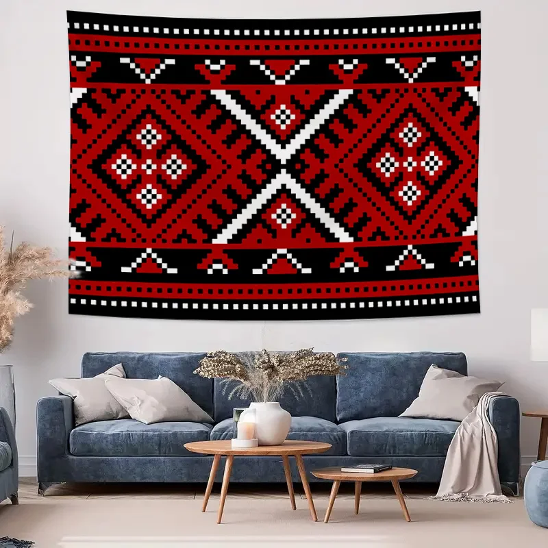 Red Ethnic Style Geometric Pattern Tapestry, Home Decor Wall Hanging Cloth