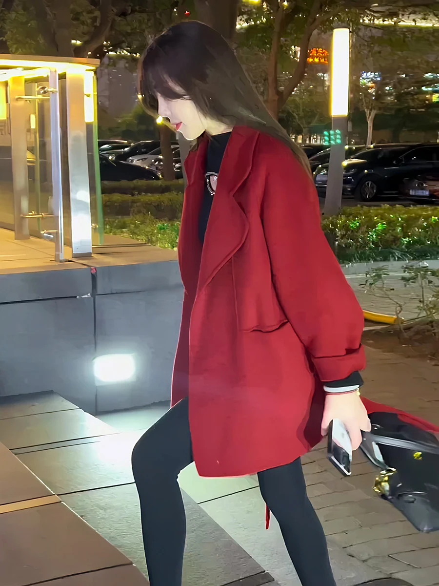 

Двустороннее шерстяное пальто в Корейском стиле, длинный костюм-свеч, верхняя одежда с воротником для женщин, модное элитное ощущение, весенний сезон, новое поступление