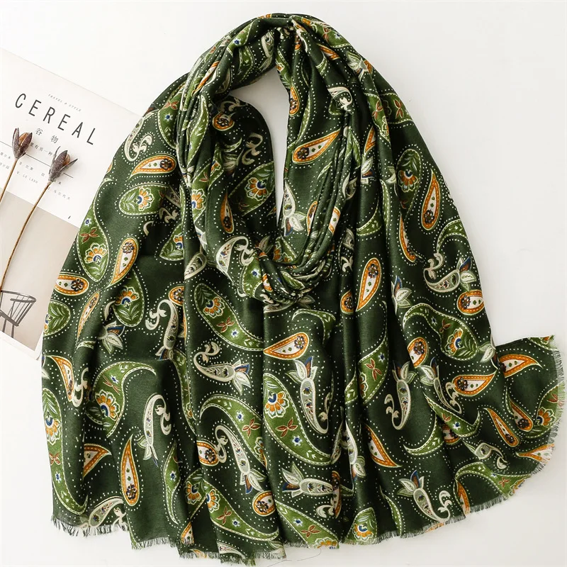 Vintage ethnic green paisley print scarf for women autumn original luxury brands muslim hijabs headscarves winter accessories