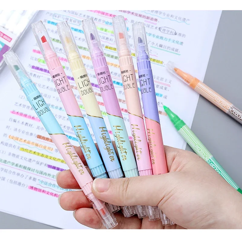 KissButy 6 Teile/satz Textmarker Set Doppelköpfige Kawaii Fluoreszenz Farbe Schulbedarf Marker Schreibwaren
