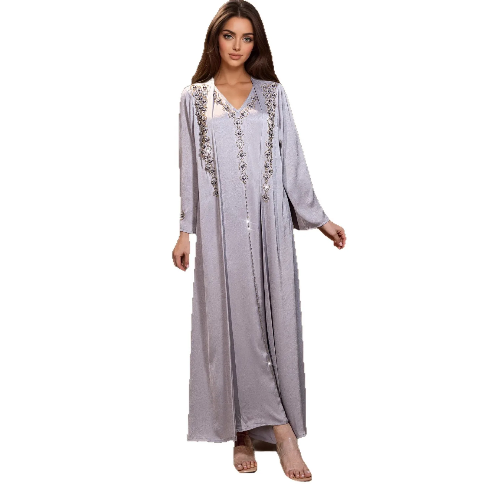 Muslim Dress Suit 2 Piece Sets Women Party Open Abaya Dresses Diamonds Long Robe Jalabiya Dubai Kaftan Ramadan Vestidos Abayas