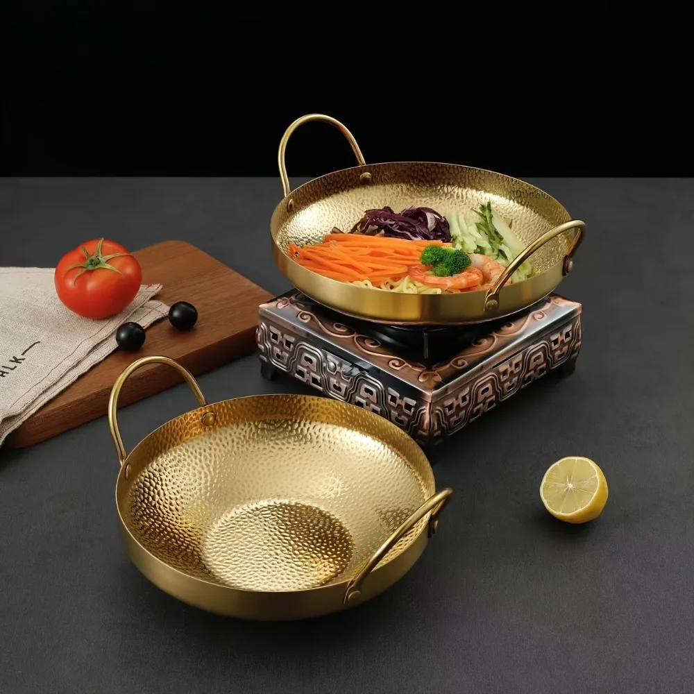 Hammered Pattern Korean-style Seafood Paella Pan Non-stick 304 Stainless Steel Saucepan Shock-resistant Double Handle