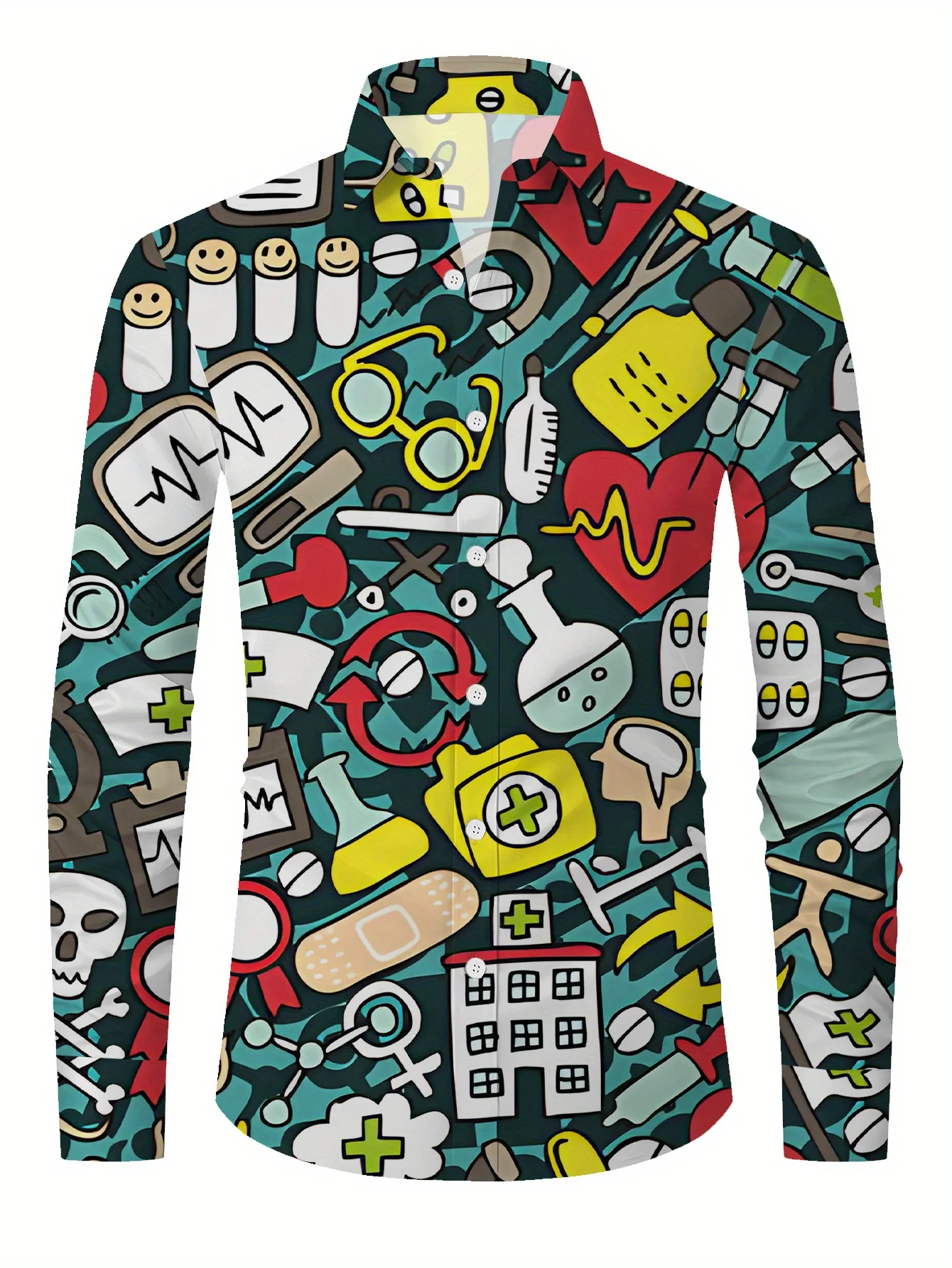 

Bohemian Beer Print Long Sleeve Shirt with Contrast Collar & Button Cuffs - Vibrant All-Over Casual Top for Parties & Social