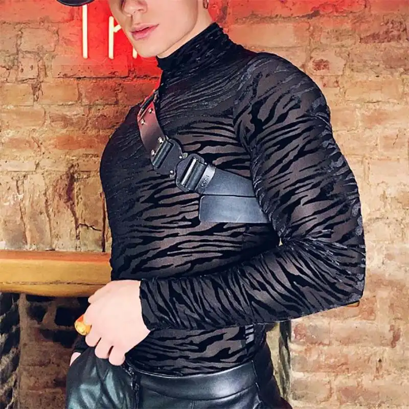 Męska koszulka na co dzień Slim w paski zebry przezroczysta koszulka z długim rękawem Streetwear na szyję rozrywka najniższe koszulki odzież imprezowa S-2XL