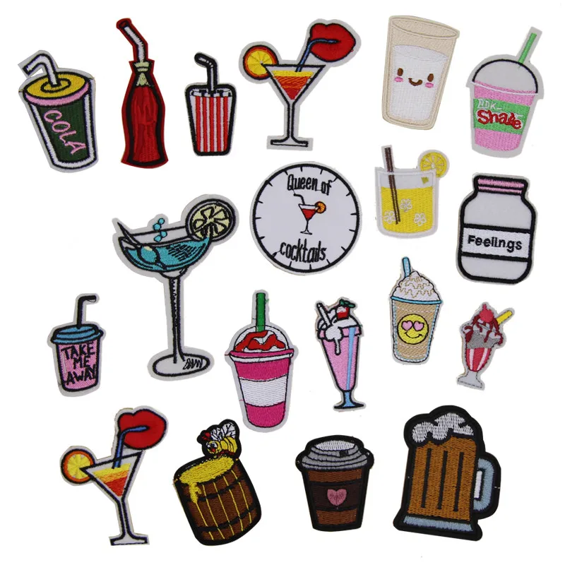 10 Pcs Pop Cola Cocktail Drink Bee Milk Embroidered Patch Motif Cartoon Applique Embroidery Patch DIY Accessory Free Shipping