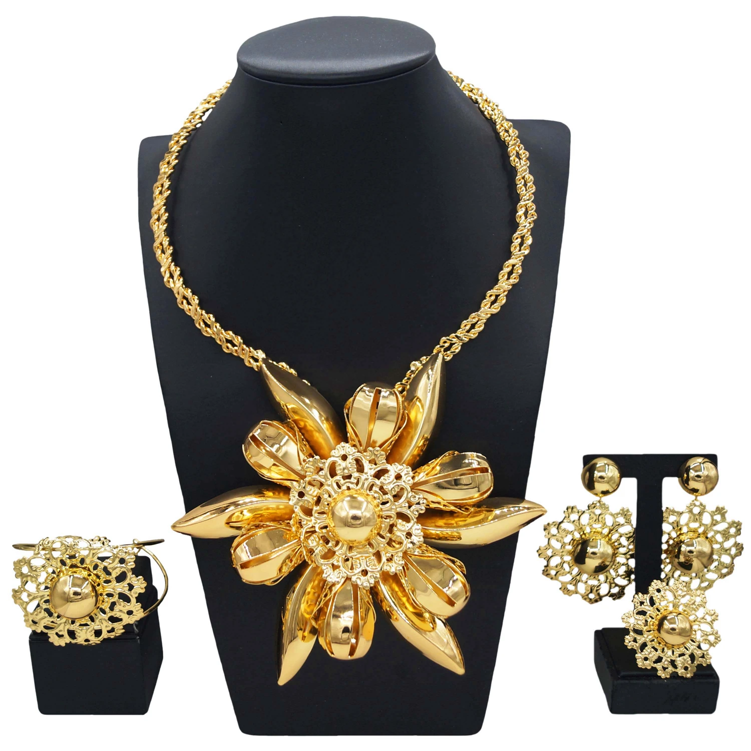 Yulaili Brass Flower Jewelry Set Exquisite atmospheric style Snowflake Earrings Ring Elegant Nigerian Jewelry bridal 4-piece set