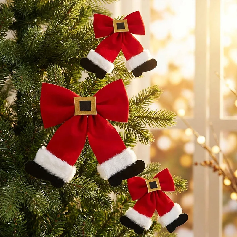 1PC Christmas Bow Ornament With Tie Strap Diy Craft Bow For Christmas Tree Stocking Belt Gift Box Holiday Festival Decoration