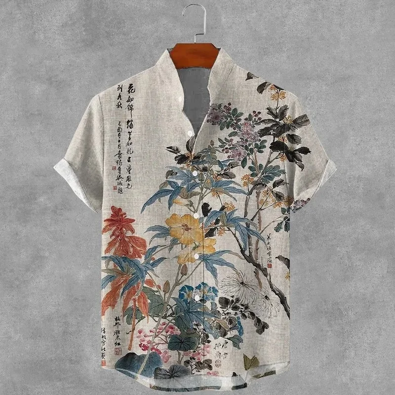 

Fashion Shirts Men's Vintage Floral Oil Painting Art Print Casual Shirt Short Sleeve Stand Collar Retro Style Tops Gifts For Men
