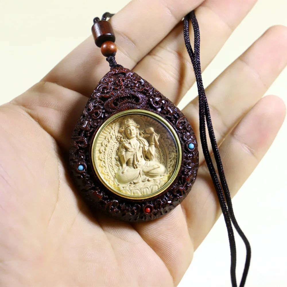 Red Sandalwood Inlaid Boxwood Samantabhadra Pendant Snake Zodiac Amulet Men Women Birth Year Car Hanging Ornament Craft Gift