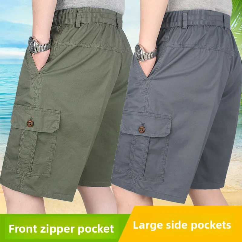 

Свободные хлопковые шорты с эластичным поясом для мужчин среднего и старшего возраста, летние, повседневные, с высокой талией, с пятью карманами, в стиле Dad Sle.