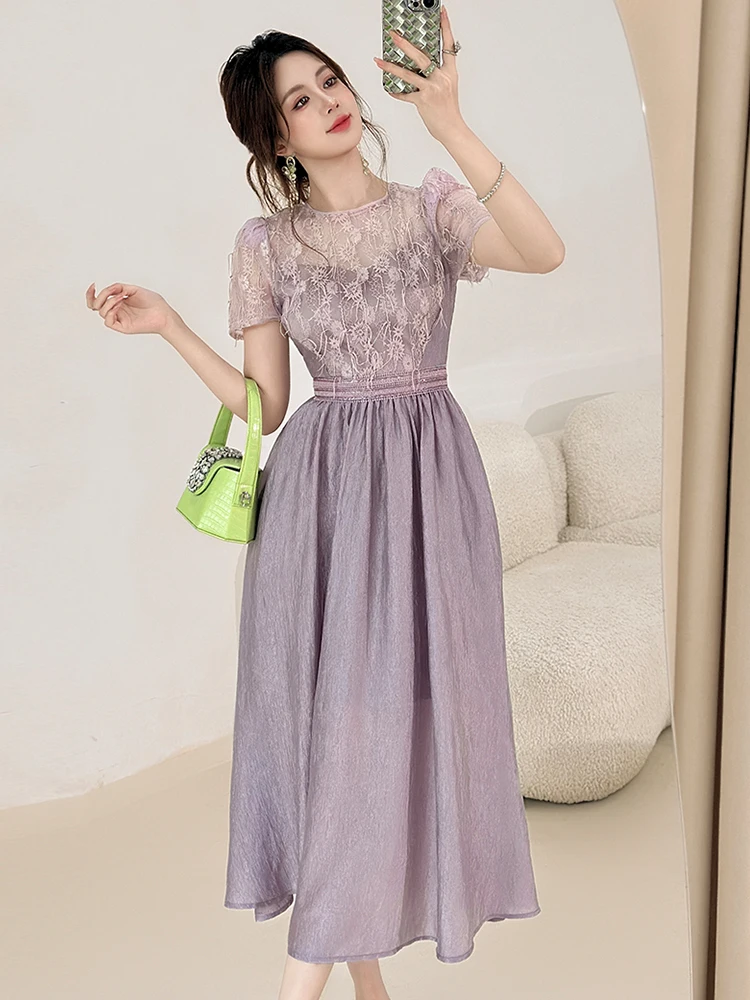 Sukienka damska fioletowa imitacja dwuczęściowej koronki z kwiatowym wzorem, prześwitująca, z dekoltem typu O, dopasowana, w kształcie litery A, elegancka, na imprezę, studniówkę, urodziny, vestido, robe, retro.