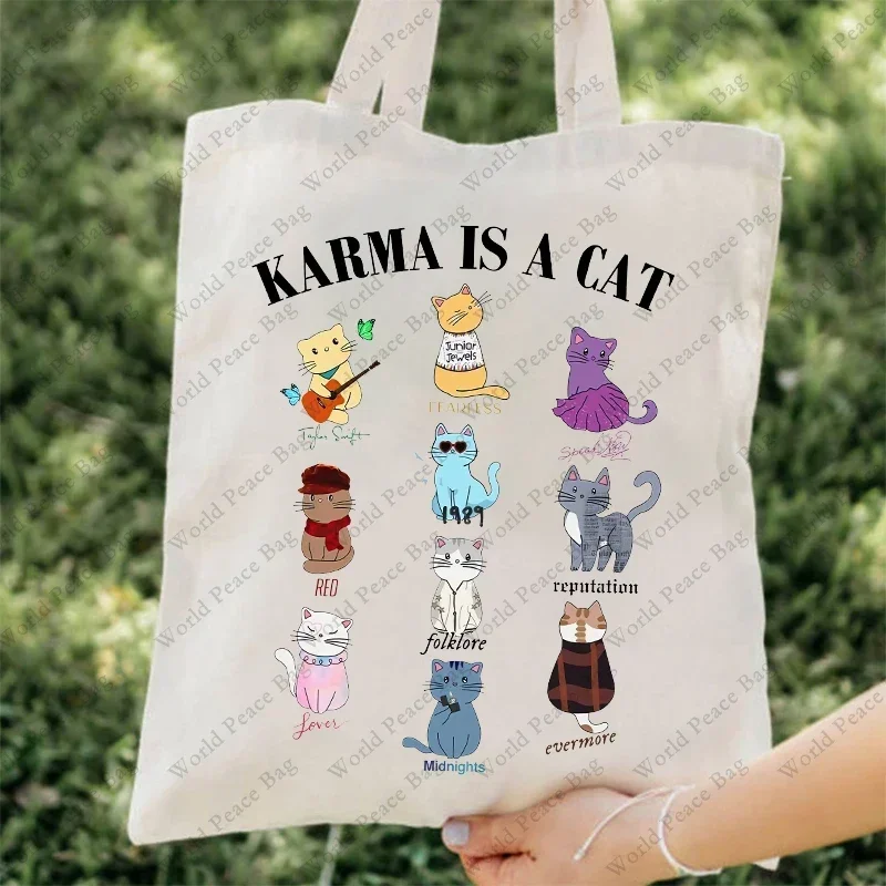 1 Pc Karma Is A Cat Album Songs Pattern Tote Bag Gift for Swiftie Canvas Shoulder Bag for Travel Daily Commute Women's Reusable