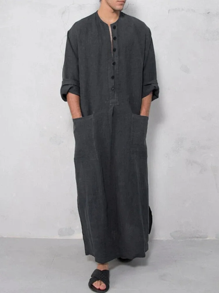 New Arrival Button Muslim Jubba Thobe For Men Islam Kaftan Abaya Pakistan Saudi Arabia Djellaba Long Sleeve Loose Dress MY950