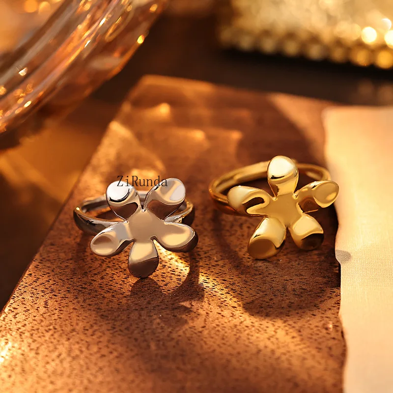 خاتم على شكل زهرة لامعة كلاسيكية فرنسية للنساء، خاتم بتلات كبير وبسيط للرياح الباردة