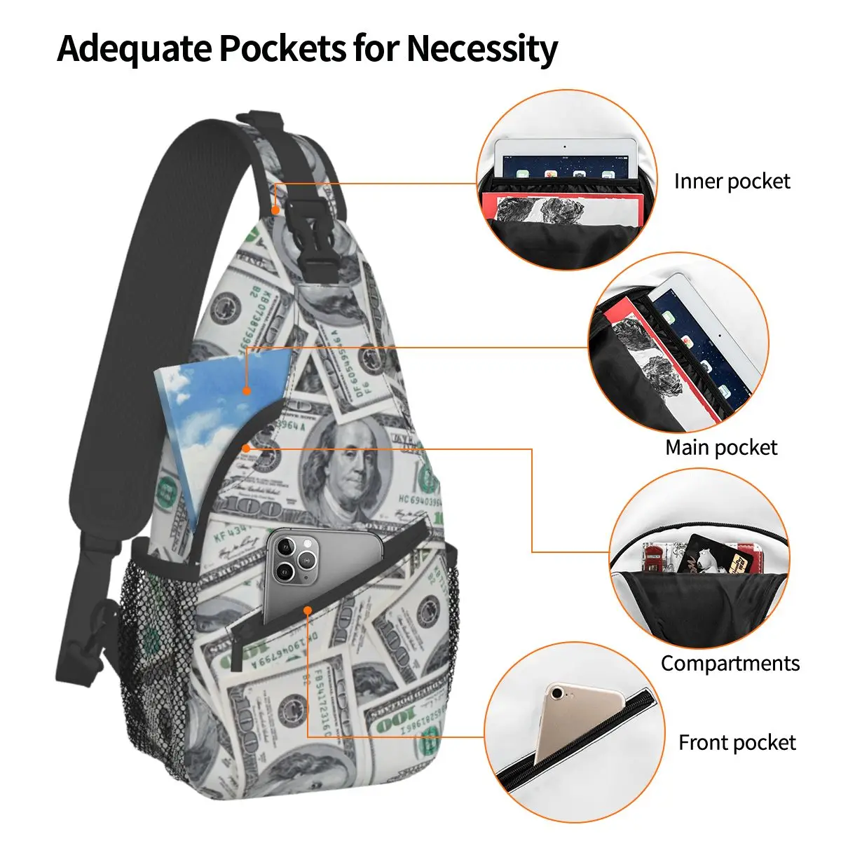 100 Dollar Bills USA Crossbody กระเป๋ากระเป๋าคาดหน้าอกเงินกระเป๋าเป้สะพายหลัง Daypack สำหรับกลางแจ้งปีนเขากระเป๋า