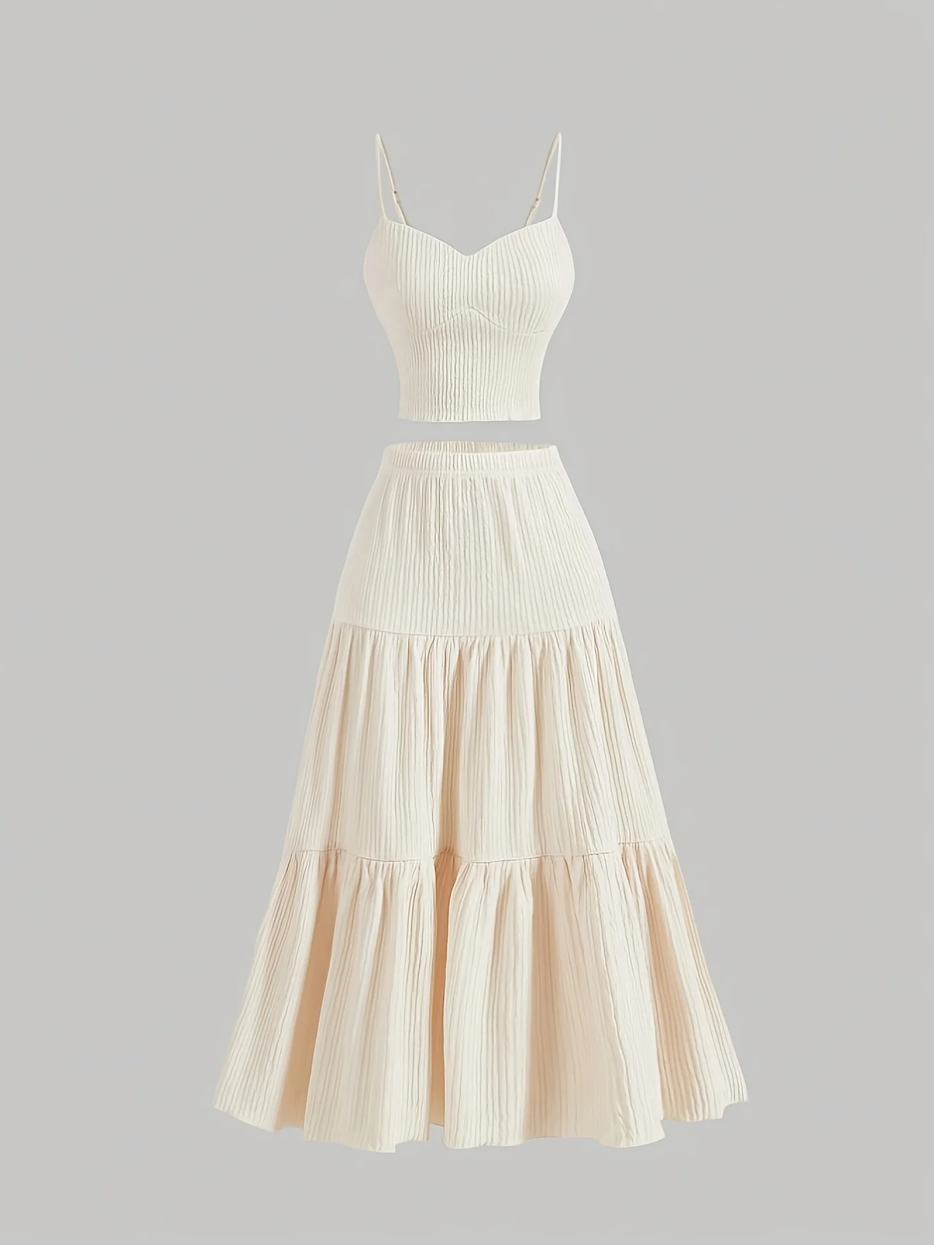 

Комплект из 2 предметов: бежевый топ-ками в рубчик больших размеров + многоярусная юбка макси – элегантный повседневный стиль для вечеринок (0XL-4XL)