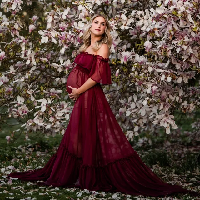 Vestido de Maternidad para Fotografía, Sexy, con Hombros Descubiertos, Volantes y Cola, Micro Transparente, de Gasa, Estilo Boho