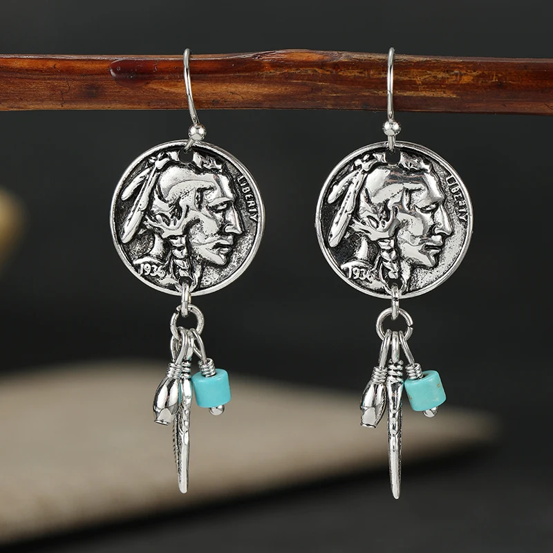 Ethnic Style Vintage Portrait Synthetic Turquoise Pendant Earrings for Women Elegant Chic Design Banquet Vacation Unique Jewelry