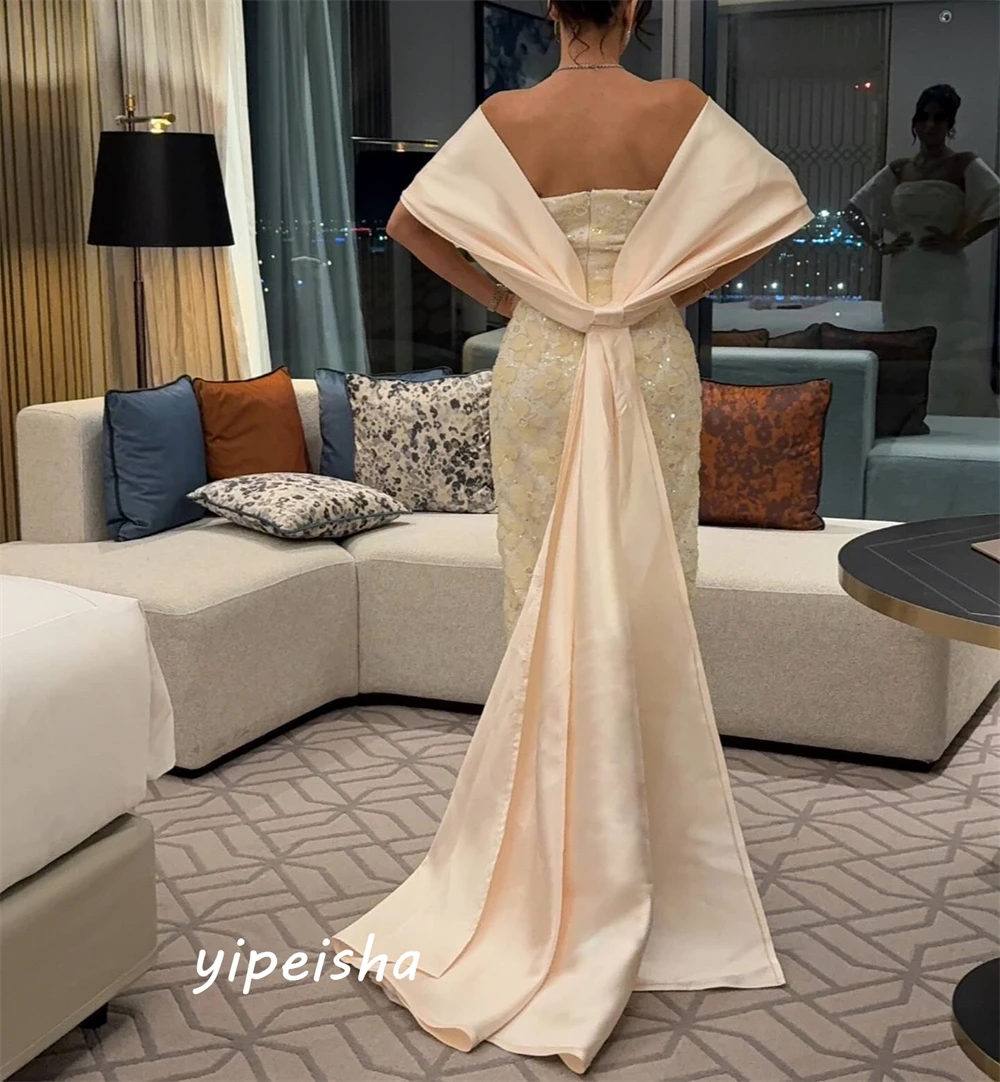 Customized Intricate Sparkle Off-the-shoulder Sheath Party Dress Beading  Stole Floor length Satin Evening