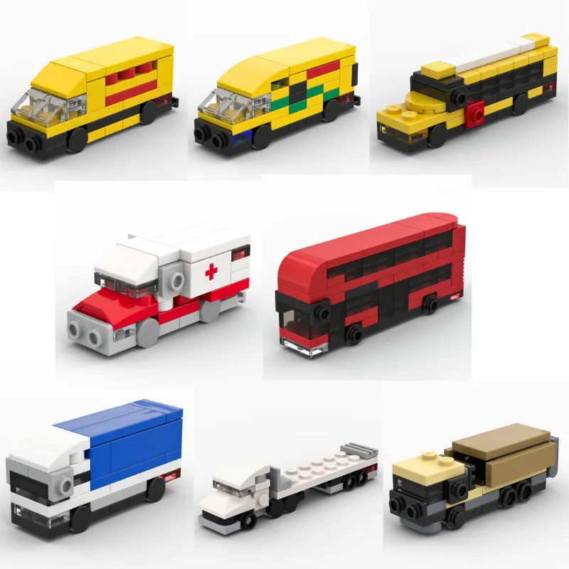 

Moc Assembly Model of Building Blocks Ambulances Express Delivery Vehicles Trucks School Buses Buses Flatbed Trailers Kids Gifts