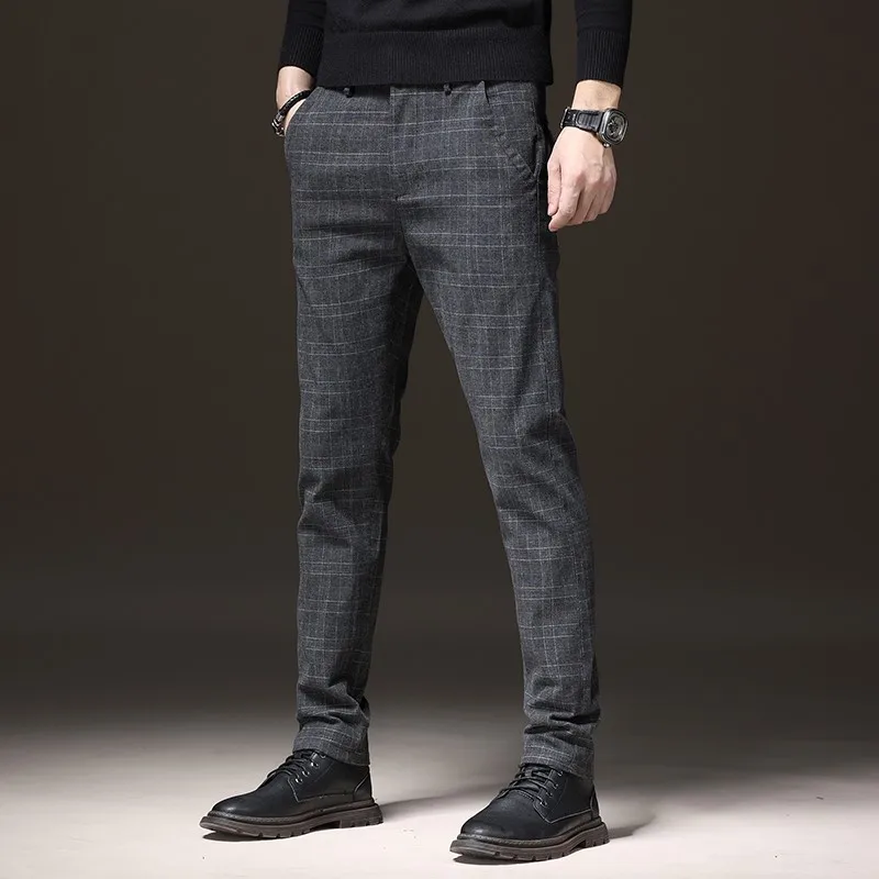 New Arrivals Men\'s Plaid Casual High-Quality Long Pants Straight Business Suit Pants Fashionable Brand Slim Fit Casual Elastic